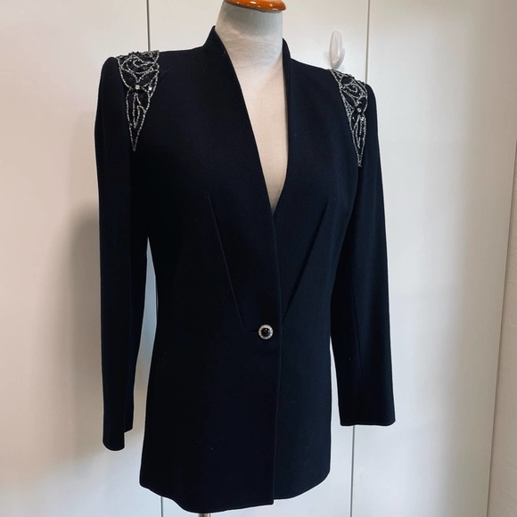 Vintage 80s Nolan Miller Designer Wool Jacket, Long Blazer, Beaded Shoulder, - Picture 1 of 8
